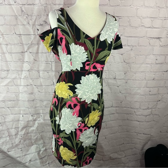 soon sheath cold shoulder Dress sz 12 bold Floral pattern knee length - Picture 1 of 8